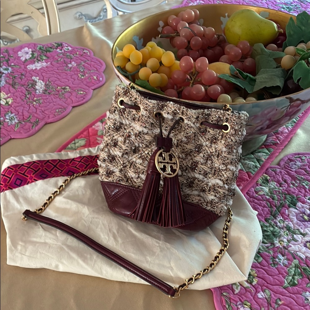 Tory Burch Brown and Cream Crossbody Bag with Elegant Tassel
